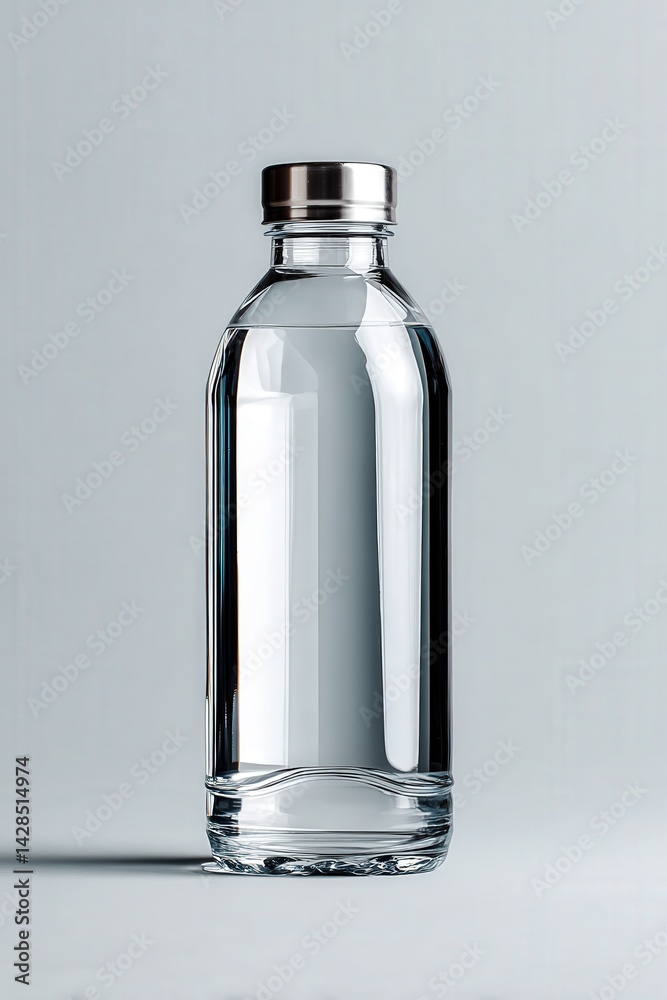 Clear Glass Bottle of Water with Silver Cap on Light Background