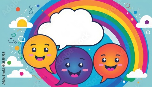 Three Cheerful Emojis Engaged in Lively Conversation with Speech Bubbles Against a Colorful Rainbow Arc and Fluffy Clouds Background
