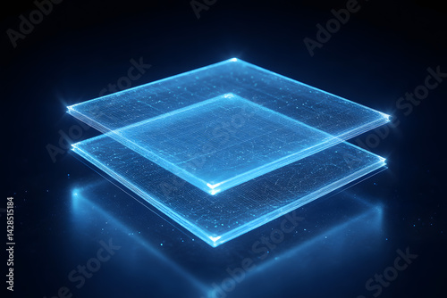 Futuristic glowing digital layers in blue neon representing data structure, blockchain, virtual interface, technology stack, and 3D abstract innovation on a dark background photo