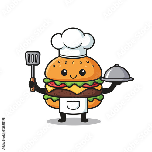 Cute cartoon cheeseburger chef character holding spatula and serving tray vector illustration 