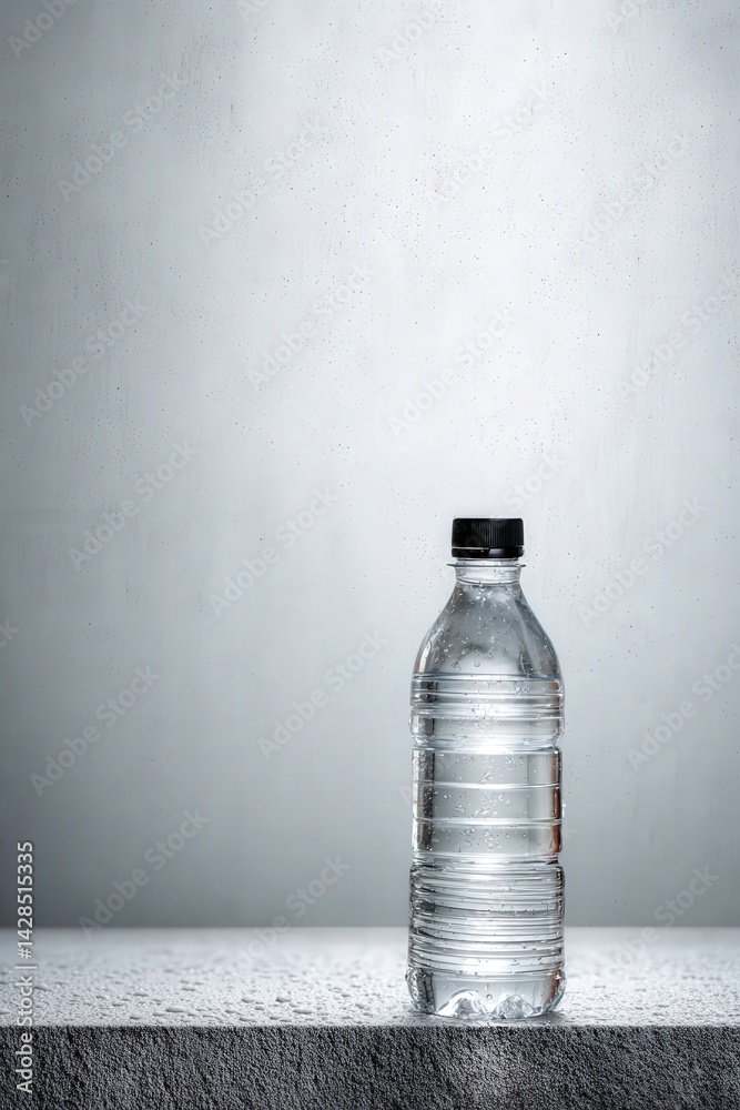 Clear Plastic Water Bottle with Black Cap on Grey Surface Background