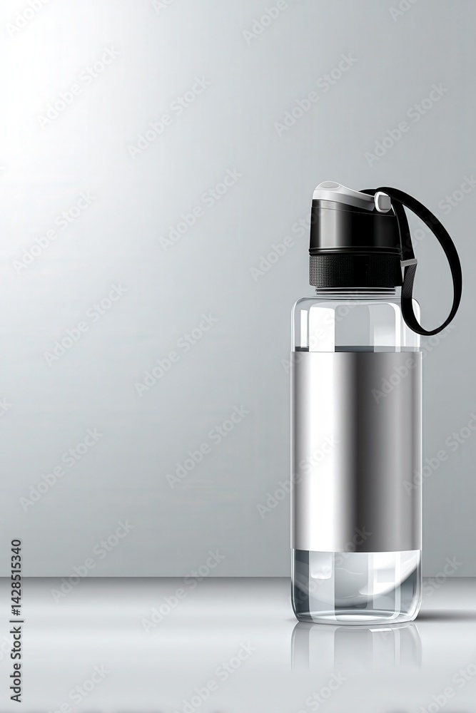 Clear Water Bottle with Black Lid on Simple Gray Background