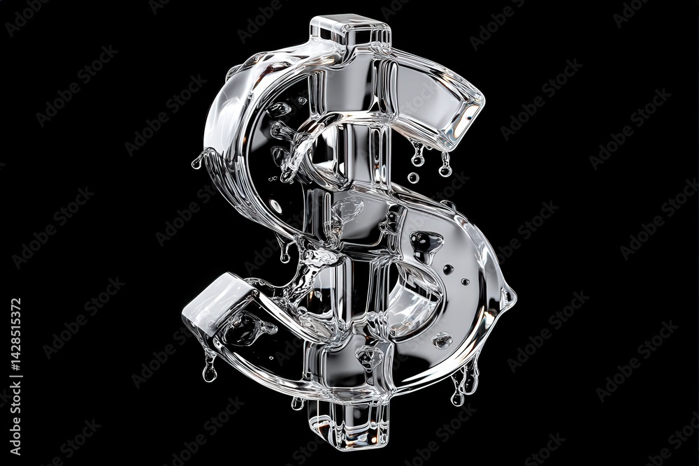 Clear Water Dollar Sign Sculpture with Dripping Effect on Black Background