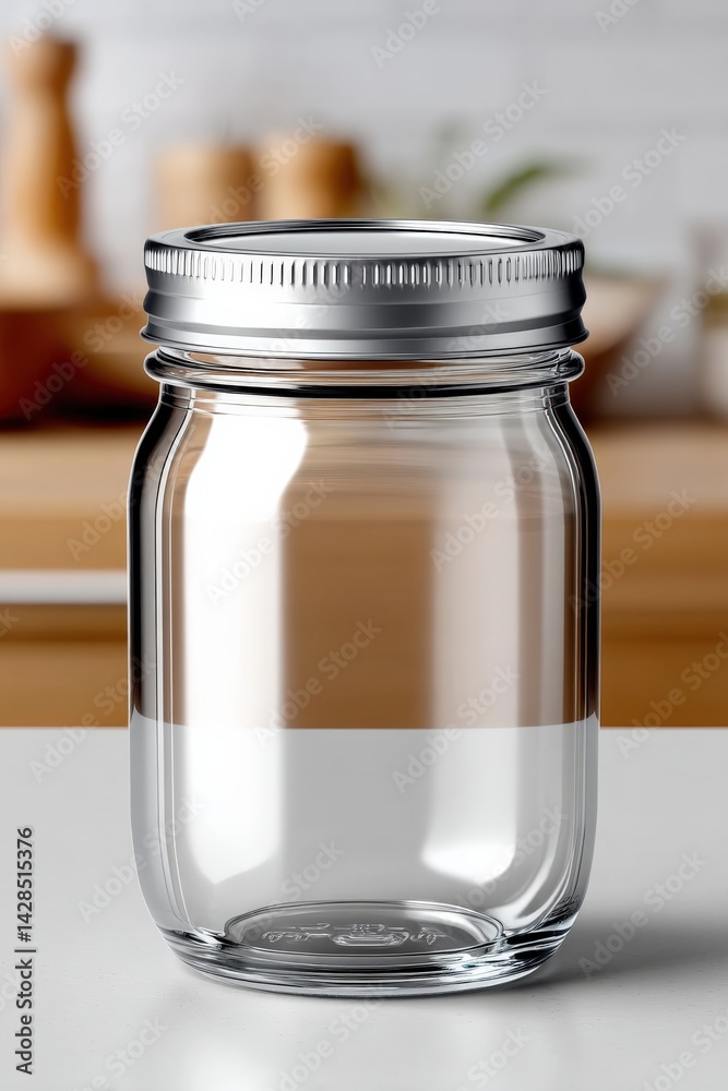 Clear Glass Jar with Metal Lid on Kitchen Countertop Background