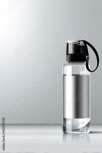 Obraz na płótnie Clear Water Bottle with Black Lid on Simple Gray Background w salonie