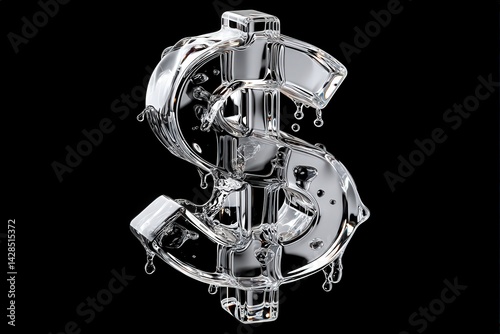 Obraz na płótnie Clear Water Dollar Sign Sculpture with Dripping Effect on Black Background w salonie