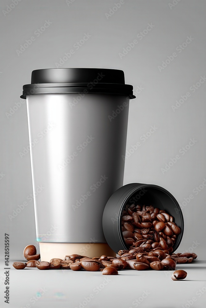 Coffee Cup with Beans on a Light Background for Beverage Promotion