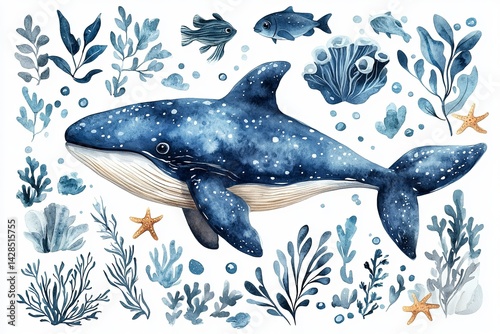 Watercolor painting depicting an ocean scene with whale and marine life