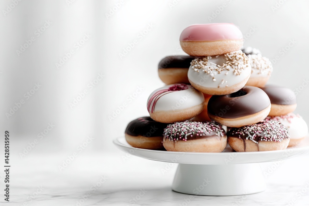 Colorful Assorted Donuts Stacked on a White Cake Stand