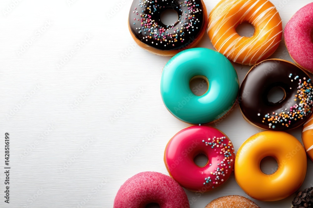 Colorful Assorted Donuts with Sprinkles on a White Background