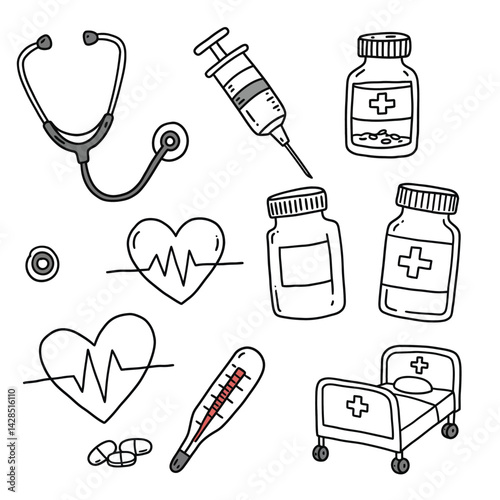 Medical equipment and healthcare symbols including stethoscope syringe thermometer and hospital bed vector illustration 