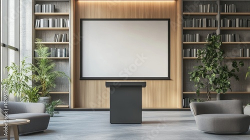 Empty speaker podium placed in a calm, minimalist office environment with neat furniture, bookshelf, and projector screen in view