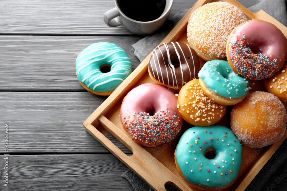 Colorful Assortment of Donuts on Wooden Tray with Coffee Cup