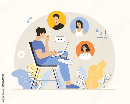 Man with laptop have videoconference with colleagues, clients or friends. Online meeting, web conferencing, virtual call. Flat vector illustration.