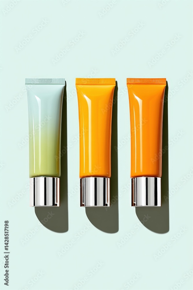 Colorful Cosmetic Tubes Displaying Various Creams on a Light Background