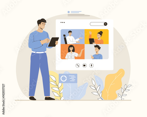 Video conference, Online meeting, Remote teamwork, Conversation. People communicate online. Flat vector illustration.
