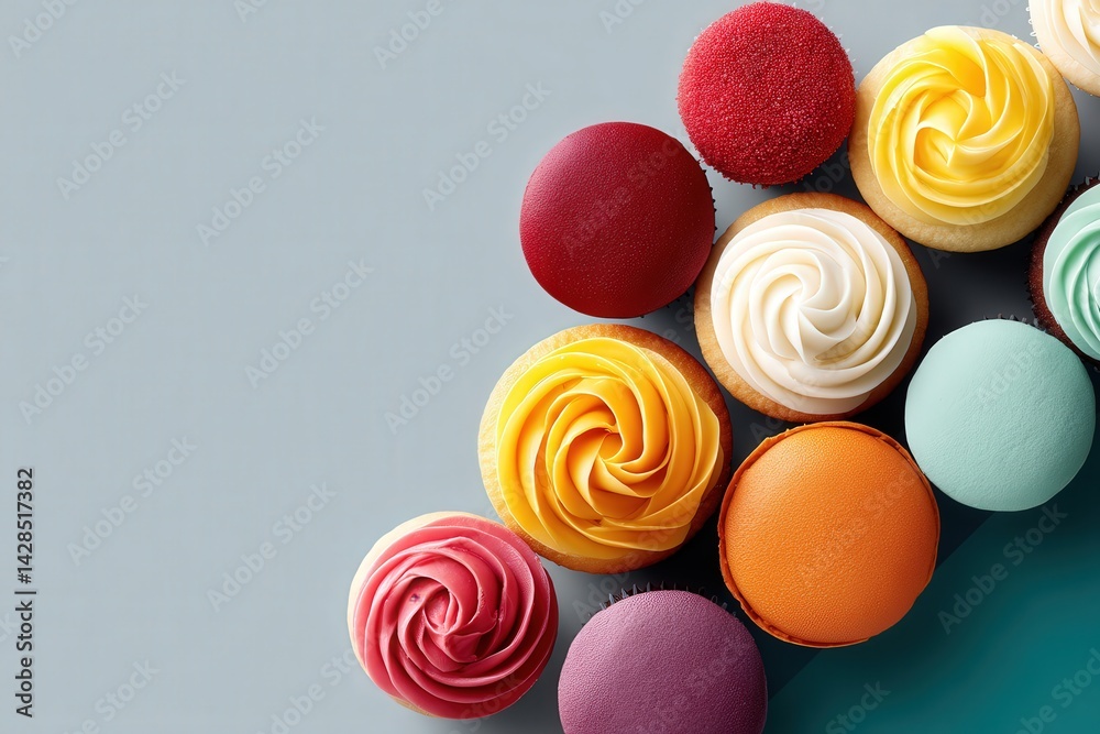 Colorful Cupcakes with Swirled Frosting on a Gray Background
