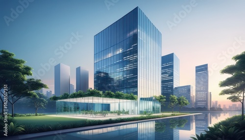 A Stunning Modern Glass Skyscraper Surrounded by Lush Greenery and a Reflecting Pool at Sunrise in a Vibrant Urban Cityscape Environment