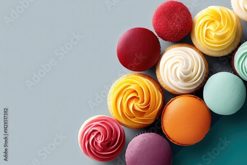 Obraz na płótnie Colorful Cupcakes with Swirled Frosting on a Gray Background w salonie