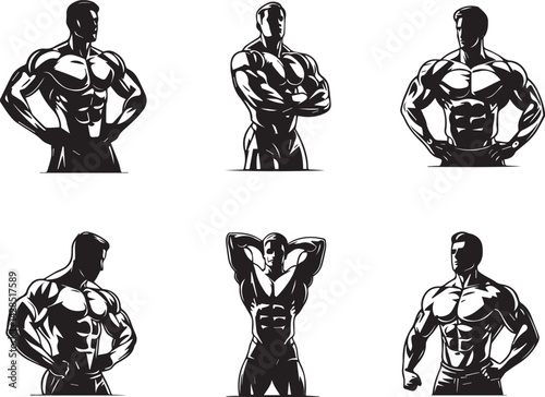 Bodybuilder silhouettes in various poses, perfect for gym branding and fitness content.