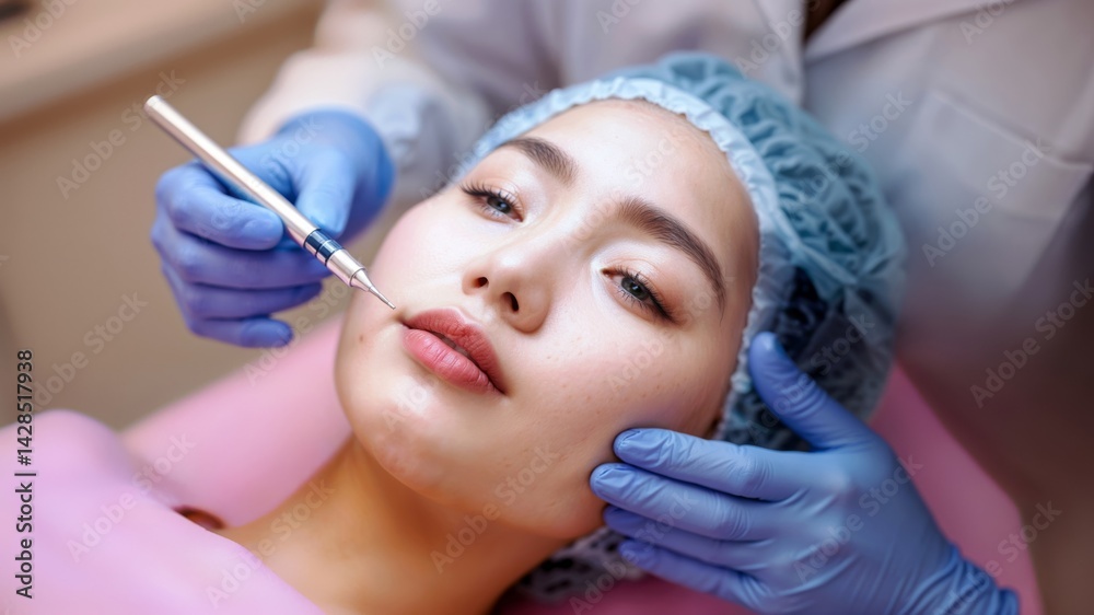 Facial Beauty Treatment. Close up of a woman receiving a cosmetic treatment on her face with an instrument by a person in gloves.