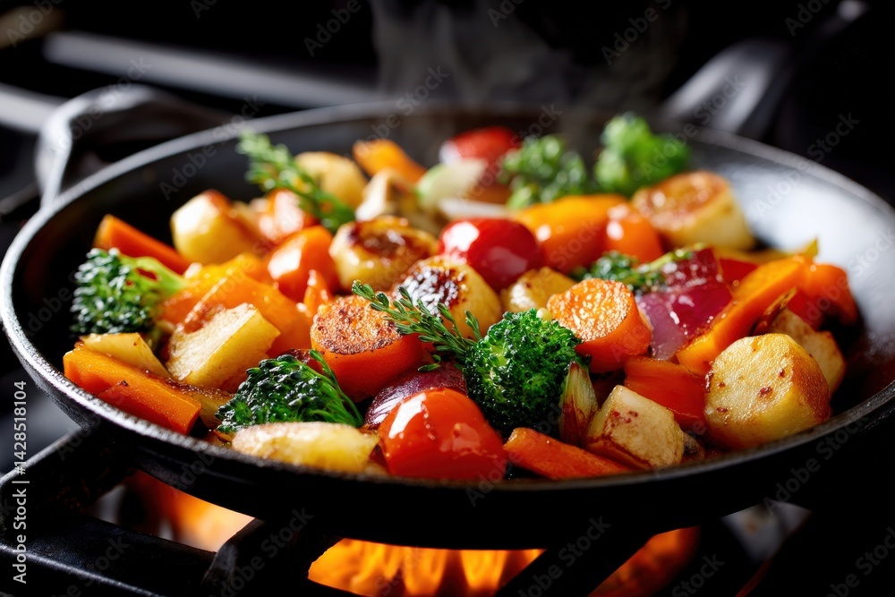 Colorful Fresh Vegetables Sizzling in a Skillet Over a Flame