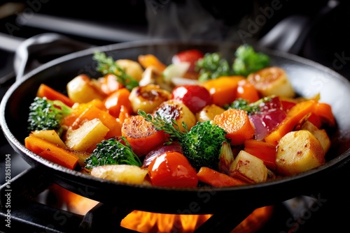 Obraz na płótnie Colorful Fresh Vegetables Sizzling in a Skillet Over a Flame w salonie