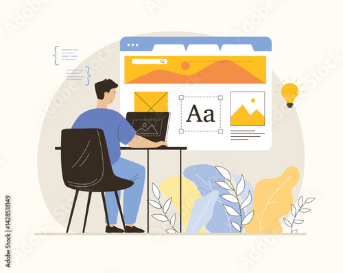Web design studio concept. Development of graphics, pictures, brand site. UX UI design process for modern mobile application and website. Flat vector illustration.