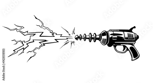 Retro ray gun illustration firing lightning bolt comic book style black and white representing classic sci-fi weapon