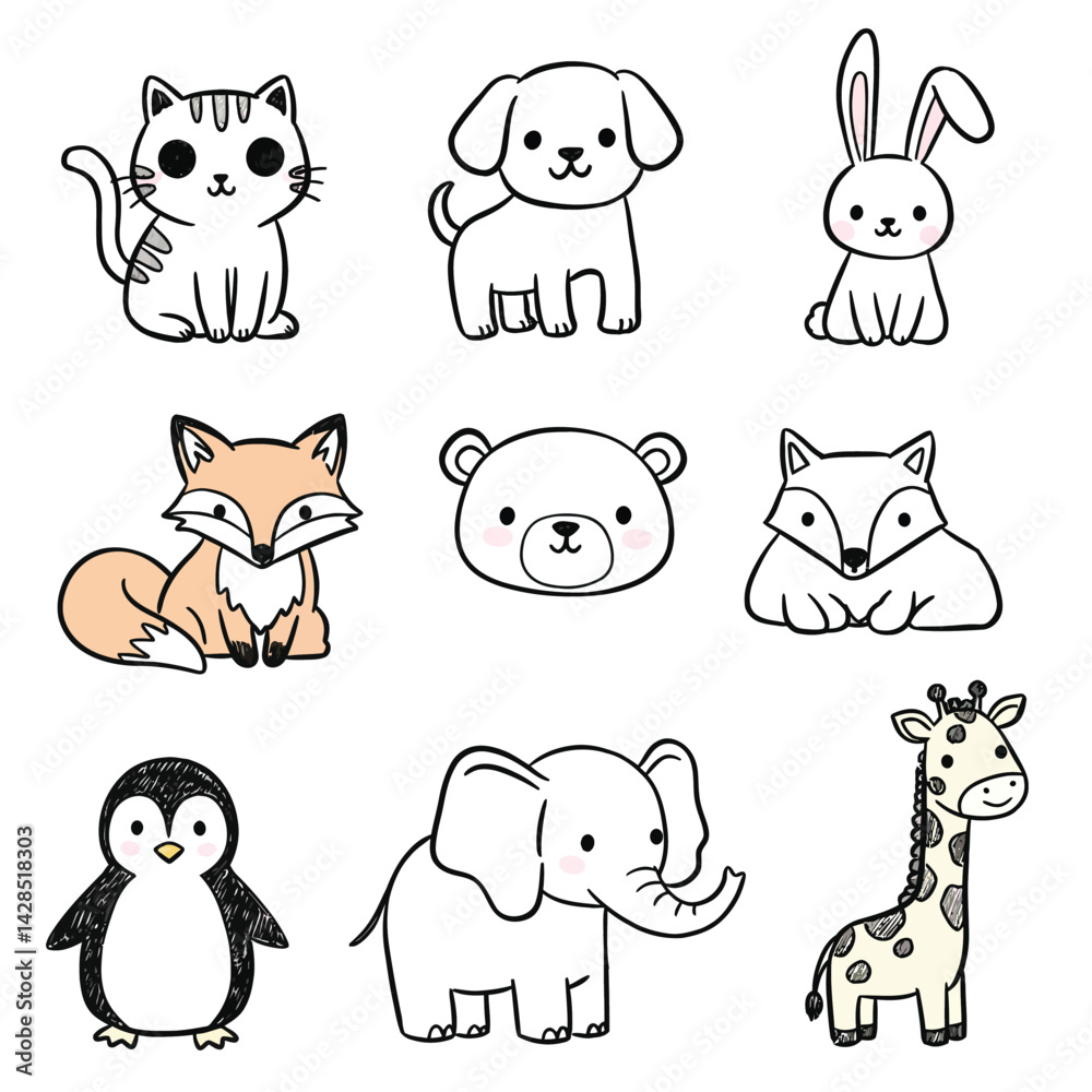 Cute animals collection with cat dog rabbit fox bear penguin elephant giraffe in simple vector style Cute animals collection with cat dog rabbit fox bear penguin elephant giraffe in simple vector style