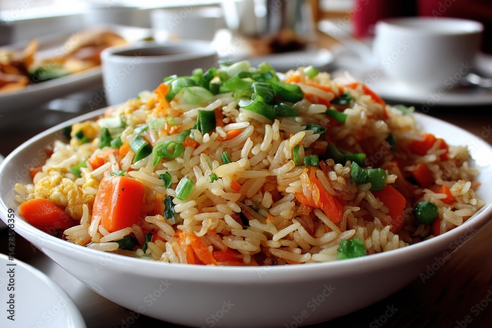 Colorful Fried Rice with Fresh Vegetables in Bowl on Table