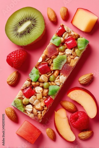 Obraz na płótnie Colorful Healthy Snack Bar with Fresh Fruits and Nuts on Pink Surface w salonie