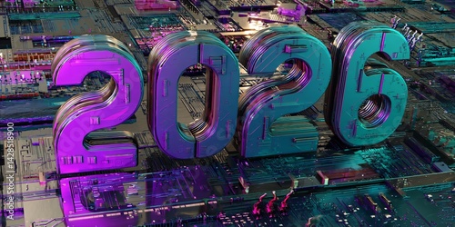 Obraz na płótnie new year 2026 digital background with futuristic circuit board structure w salonie
