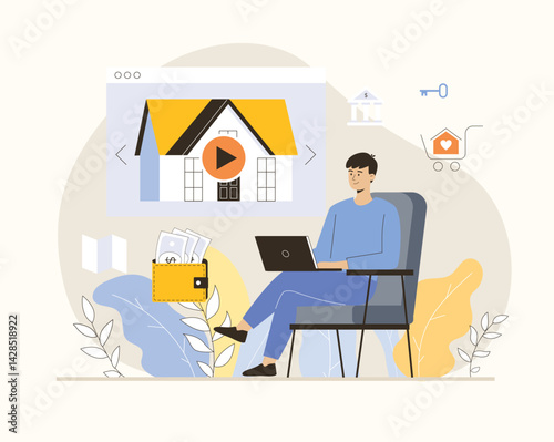 Real estate online. Buying, renting, housing virtual tour. Man chooses housing on the website and pays online. Flat vector illustration.