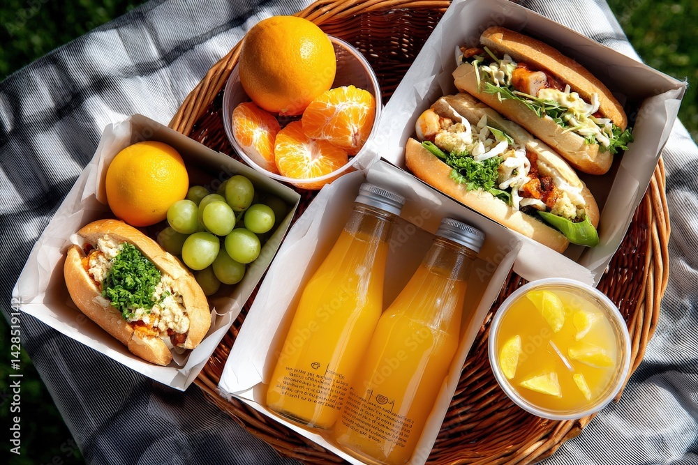Colorful Picnic Spread with Hot Dogs, Fruits, and Refreshing Drinks