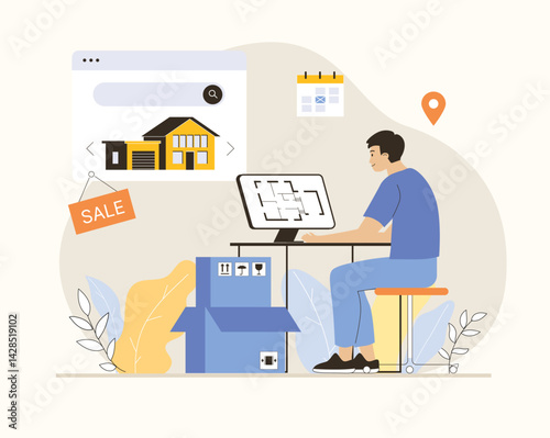 Real estate, online service or platform. Rental app. Man looking for house on website to relocate. Flat vector illustration.