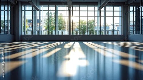 Empty industrial space with large windows. Sunlight streams in
