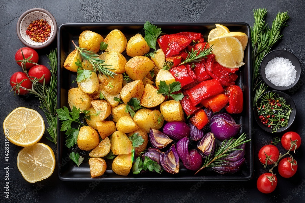 Colorful Roasted Vegetables with Fresh Herbs and Lemon Slices