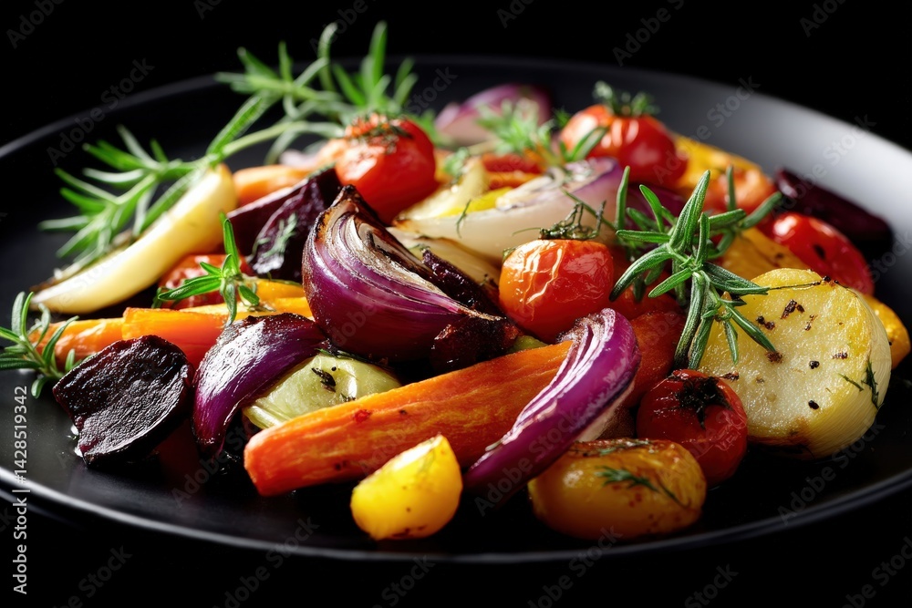 Colorful Roasted Vegetables with Fresh Herbs on Dark Plate