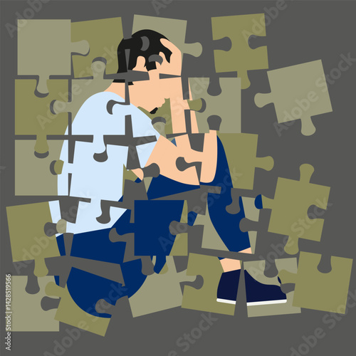 Stressful situation. Man disassembled into puzzles. Male character with broken life.