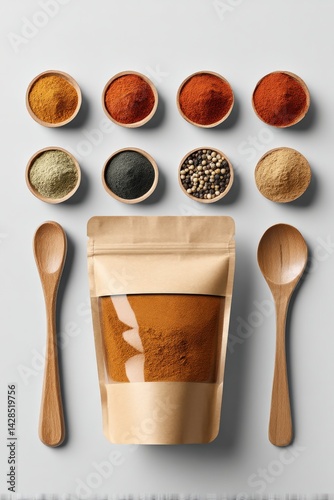 Colorful Spices and Herbal Powders in Wooden Bowls and Pouches