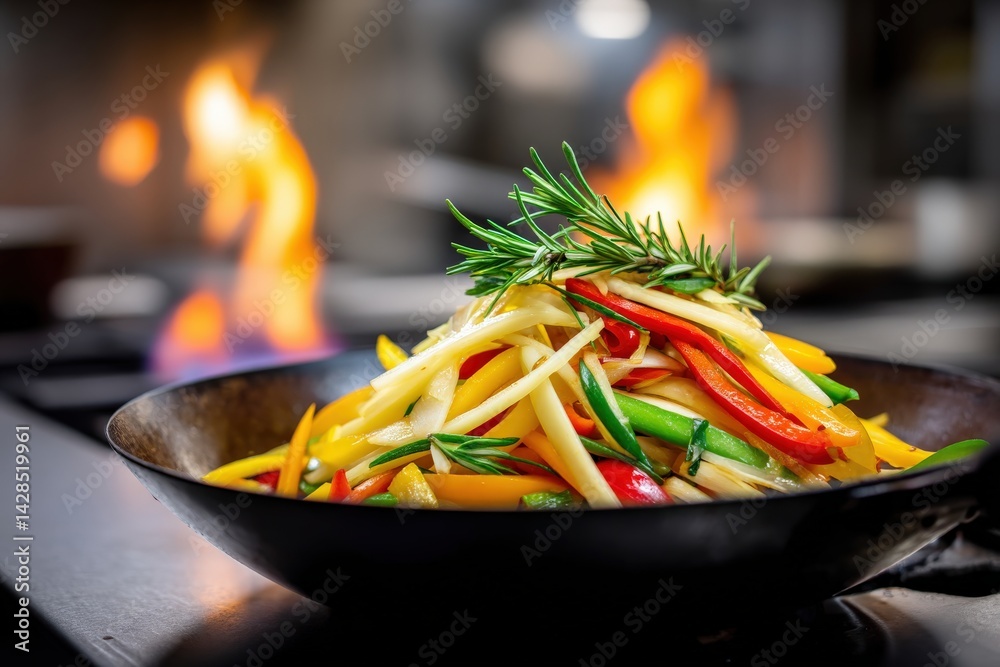 Colorful Stir-Fried Vegetables with Flames in Restaurant Kitchen