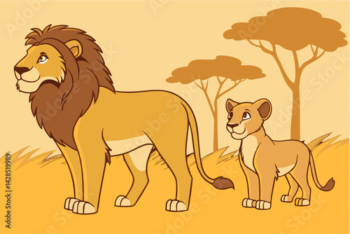 Cartoon Lions in Savanna Majestic Wildlife & Family Bond