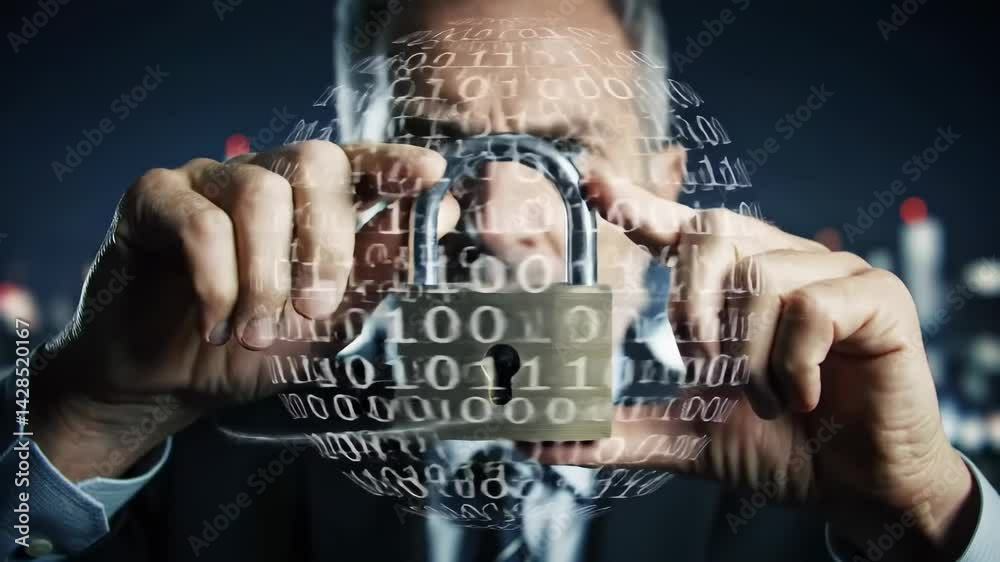 Serious Middle-Aged Caucasian Male in Formal Attire with Graphic Digital Overlay Symbolizing Data and Technology Amidst Urban Nightscape
