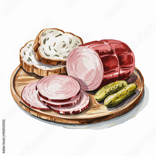 Watercolor BBQ Bologna Platter with Bread and Pickles
