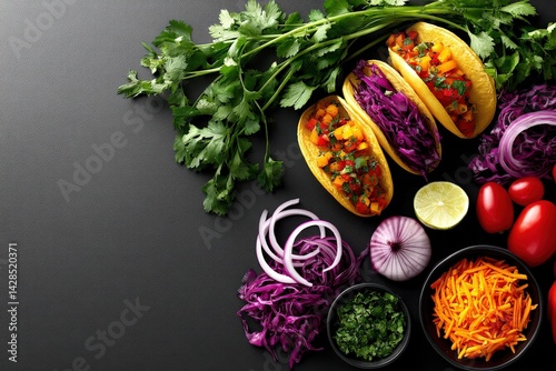 Obraz na płótnie Colorful Tacos with Fresh Vegetables and Herbs on Dark Background w salonie