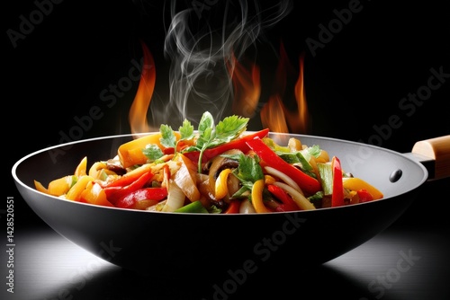Obraz na płótnie Colorful Vegetable Stir-Fry in a Wok with Flames and Smoke w salonie