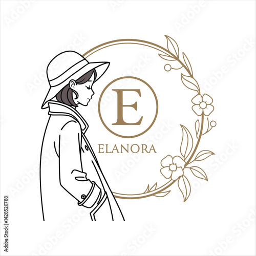Elegant Woman in Trench Coat with Floral Frame Logo Design