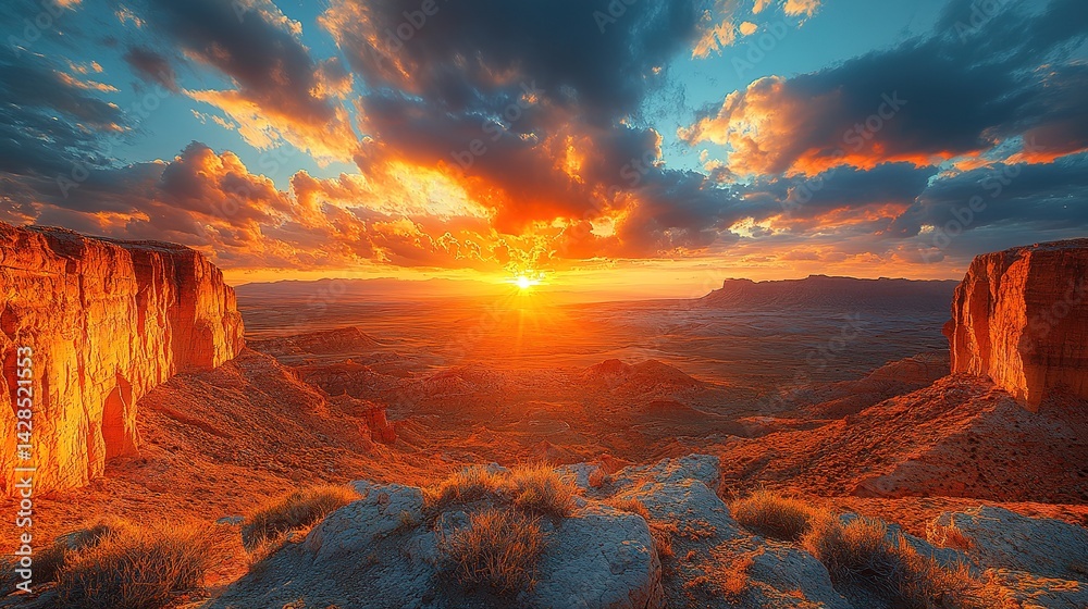 Fototapeta premium Dramatic Sunset Over Desert Canyon with Fiery Clouds and Golden