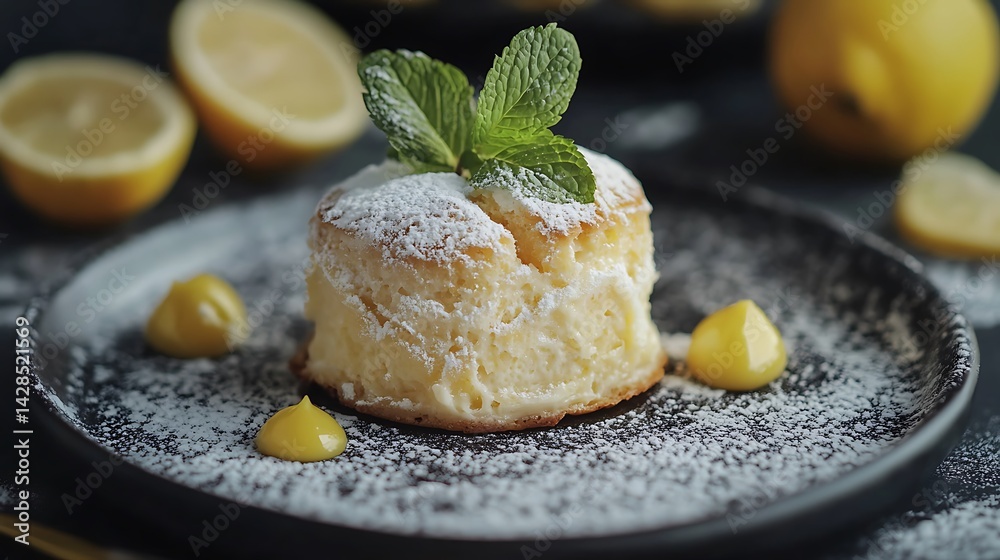 Lemon souffle with powdered sugar and lemon curd, garnished with mint on a dark plate Lemon souffle with powdered sugar and lemon curd, garnished with mint on a dark plate